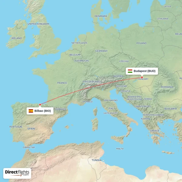 Bilbao - Budapest direct flight map