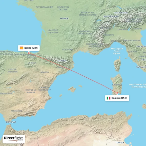 Bilbao - Cagliari direct flight map