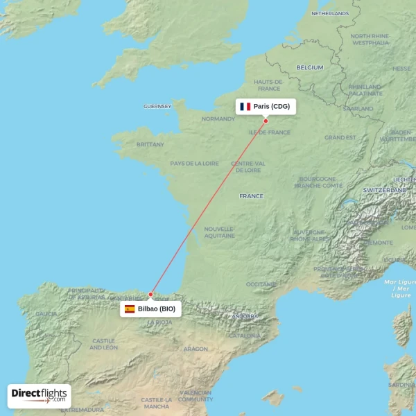 Bilbao - Paris direct flight map