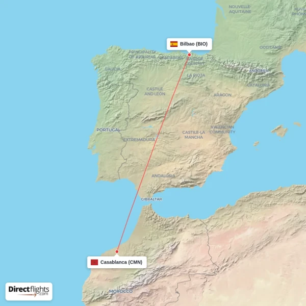 Bilbao - Casablanca direct flight map