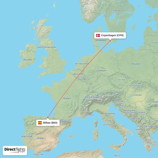 Bilbao - Copenhagen direct flight map