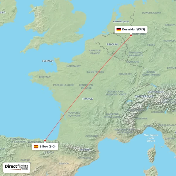Bilbao - Dusseldorf direct flight map