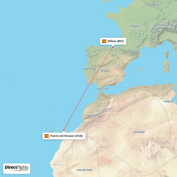 Bilbao - Puerto del Rosario direct flight map