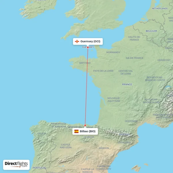 Bilbao - Guernsey direct flight map