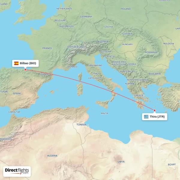 Bilbao - Thira direct flight map