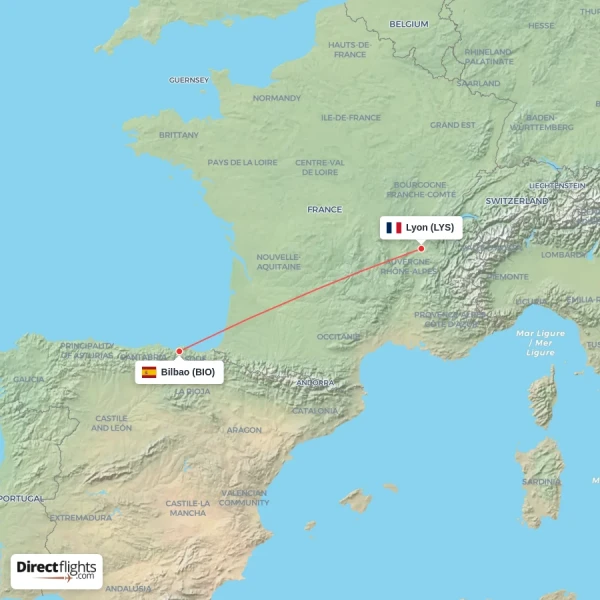 Bilbao - Lyon direct flight map