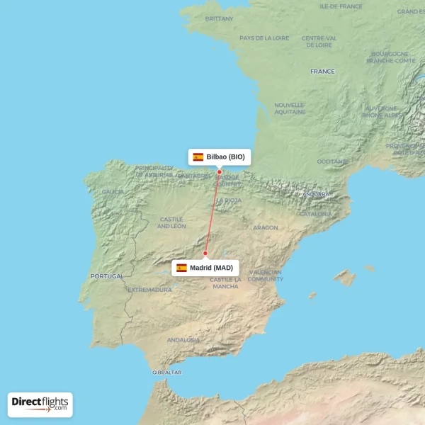 Bilbao - Madrid direct flight map