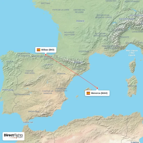Bilbao - Menorca direct flight map