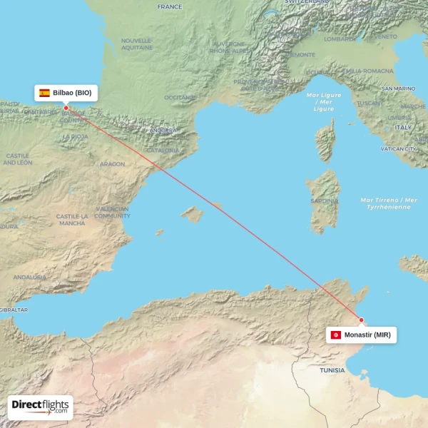 Bilbao - Monastir direct flight map