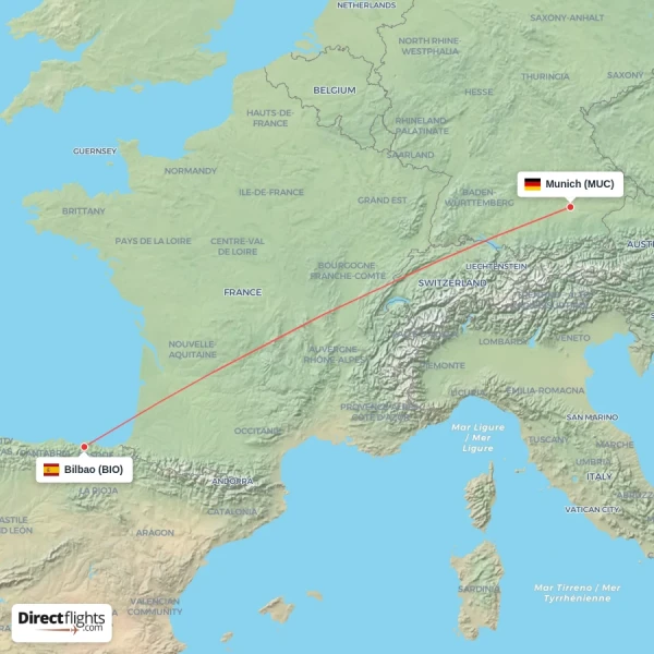 Bilbao - Munich direct flight map