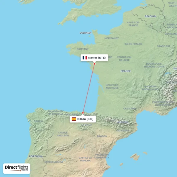 Bilbao - Nantes direct flight map