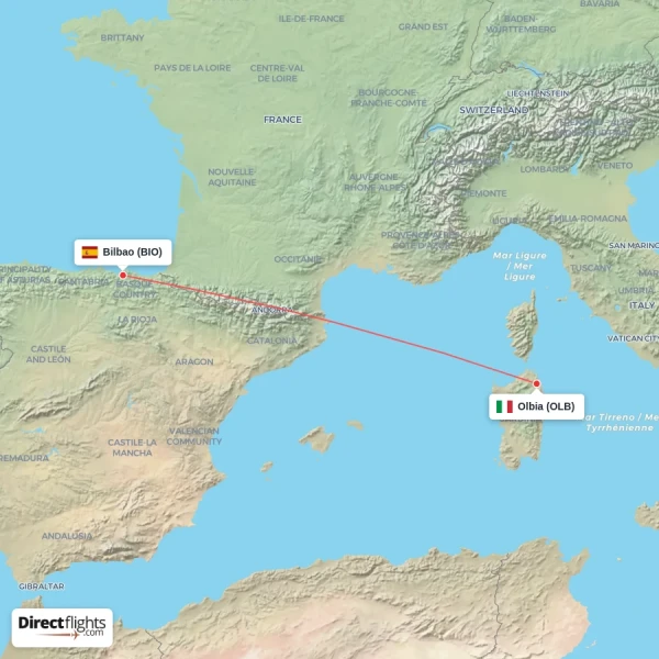 Bilbao - Olbia direct flight map