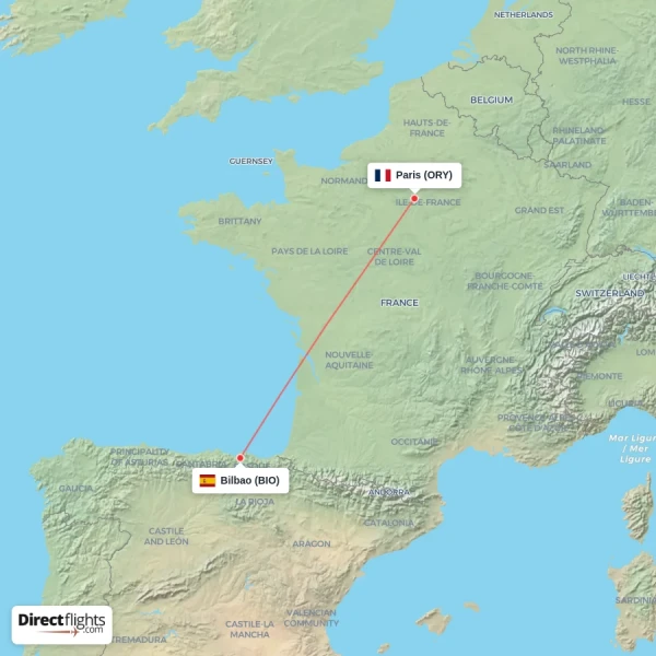 Bilbao - Paris direct flight map