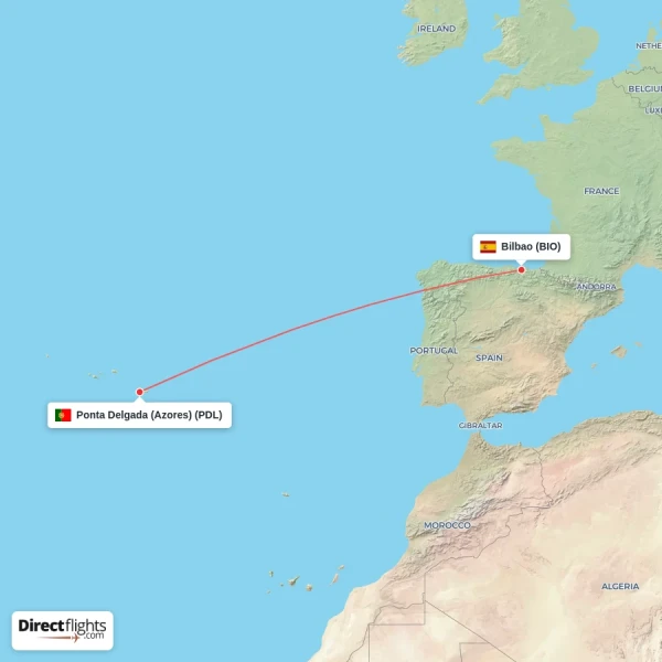 Bilbao - Ponta Delgada (Azores) direct flight map