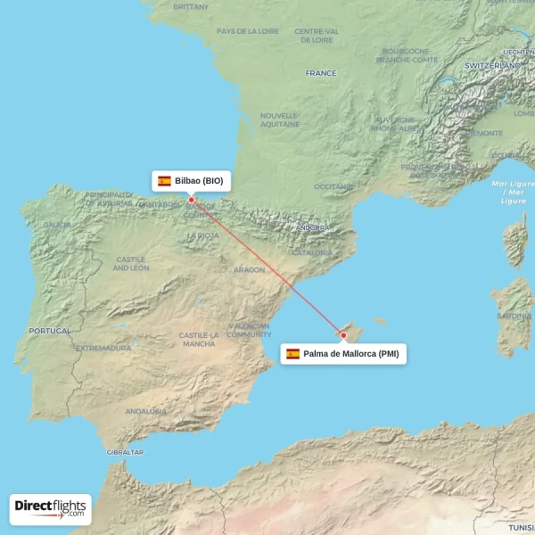 Bilbao - Palma de Mallorca direct flight map