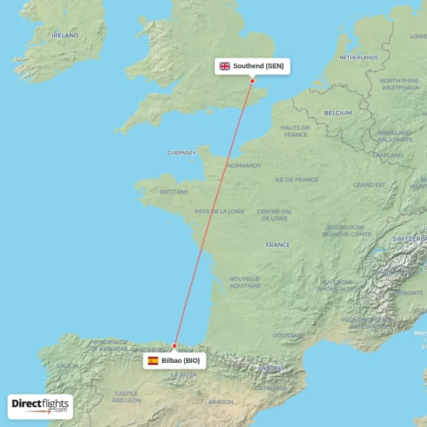 Bilbao - Southend direct flight map