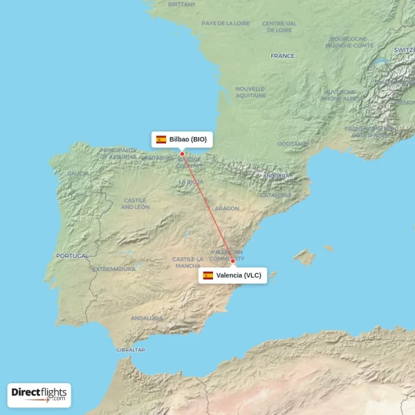 Bilbao - Valencia direct flight map