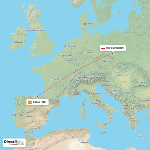 Bilbao - Wroclaw direct flight map