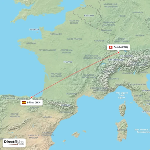 Bilbao - Zurich direct flight map