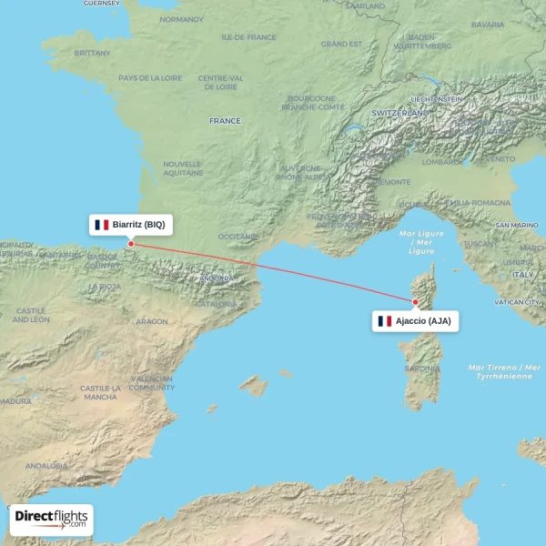Biarritz - Ajaccio direct flight map