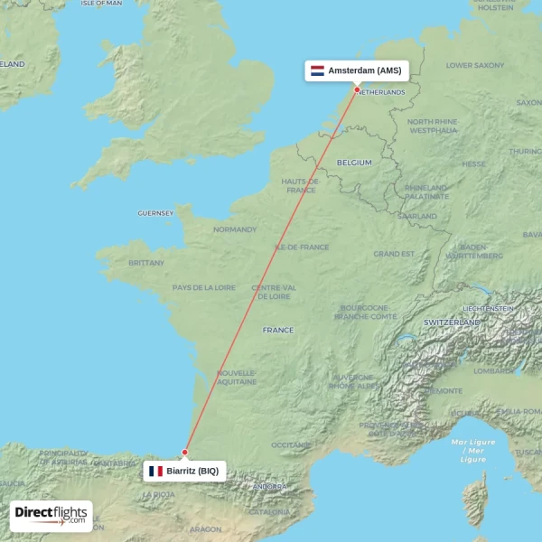 Biarritz - Amsterdam direct flight map