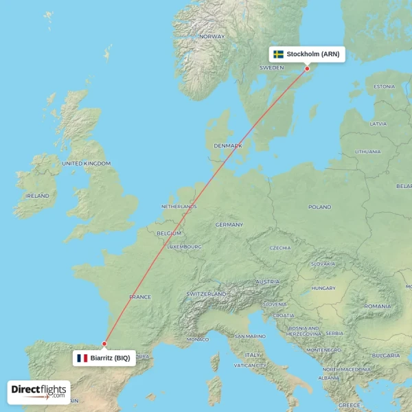 Biarritz - Stockholm direct flight map
