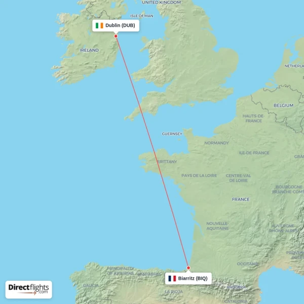 Biarritz - Dublin direct flight map