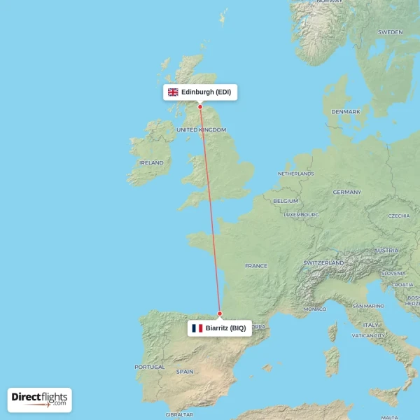 Biarritz - Edinburgh direct flight map