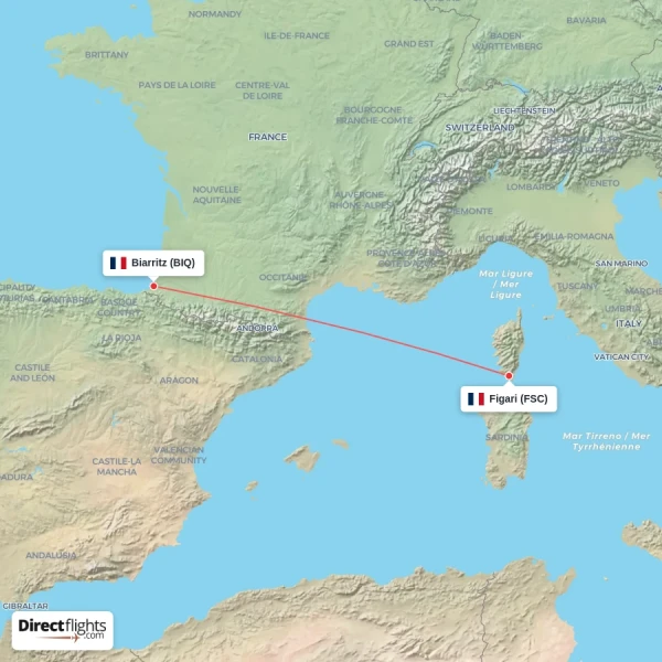 Biarritz - Figari direct flight map