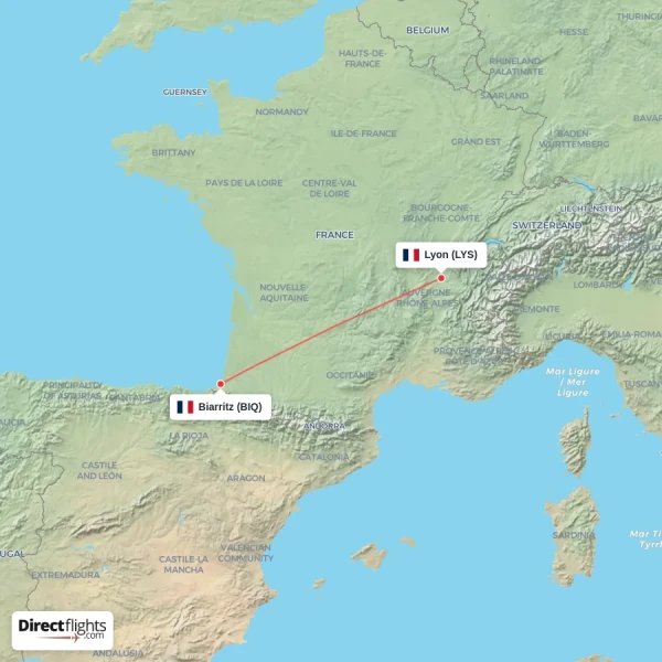 Biarritz - Lyon direct flight map