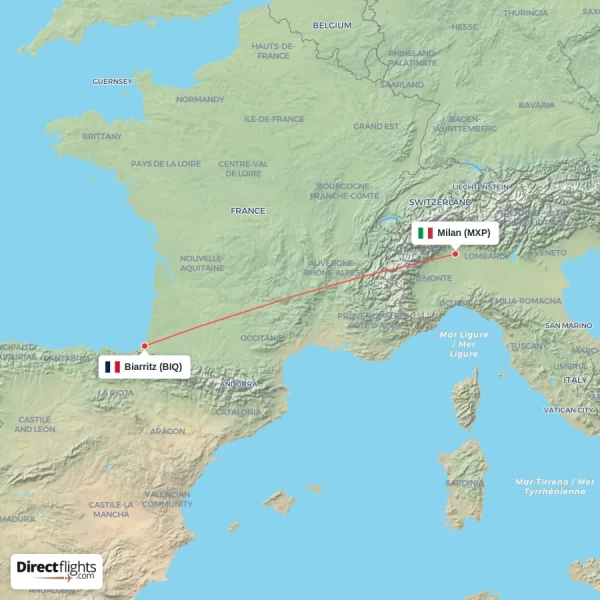 Biarritz - Milan direct flight map