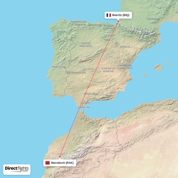 Biarritz - Marrakech direct flight map