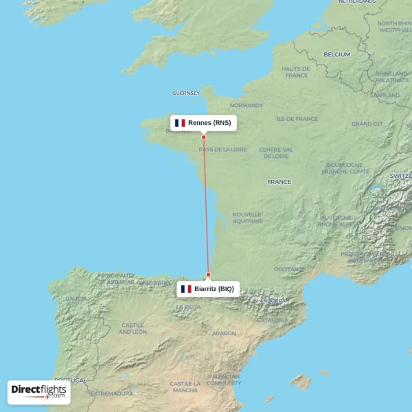 Biarritz - Rennes direct flight map