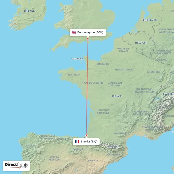 Biarritz - Southampton direct flight map