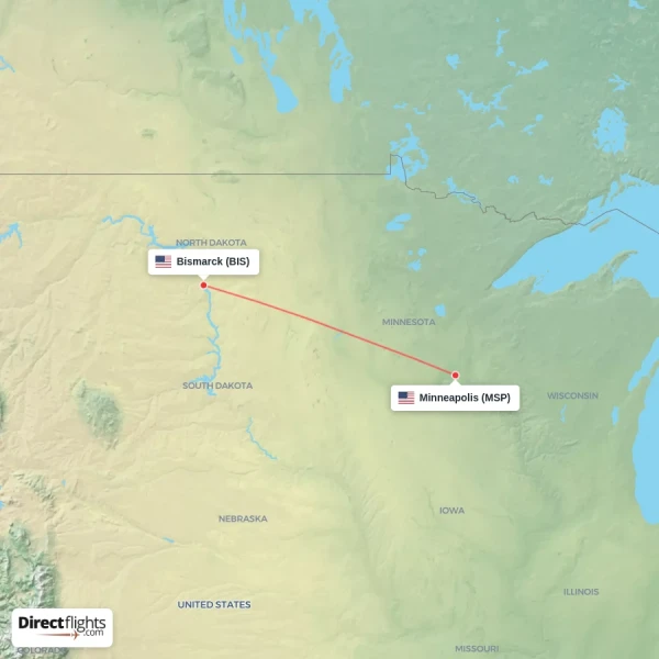 Bismarck - Minneapolis direct flight map