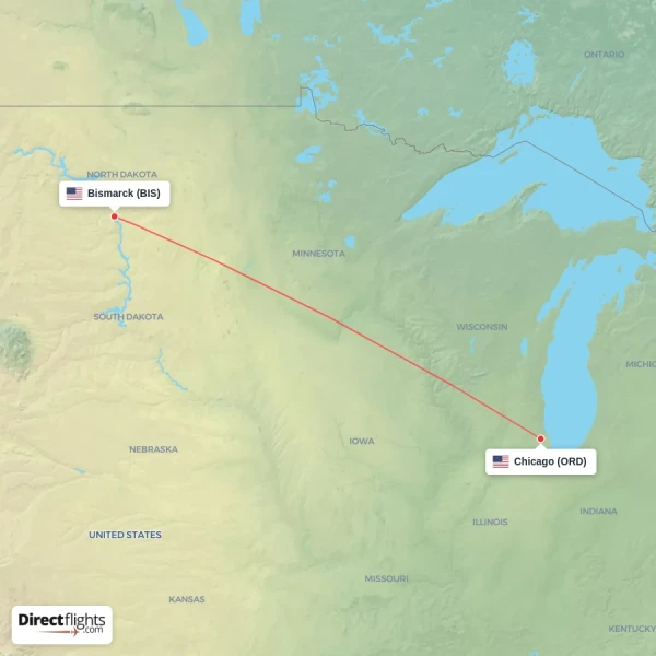 Bismarck - Chicago direct flight map