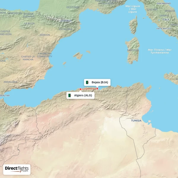 Bejaia - Algiers direct flight map