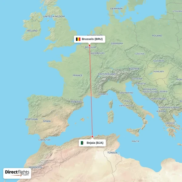 Bejaia - Brussels direct flight map