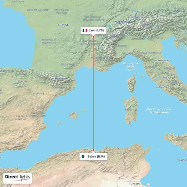 Bejaia - Lyon direct flight map