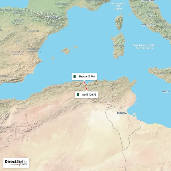 Bejaia - Setif direct flight map