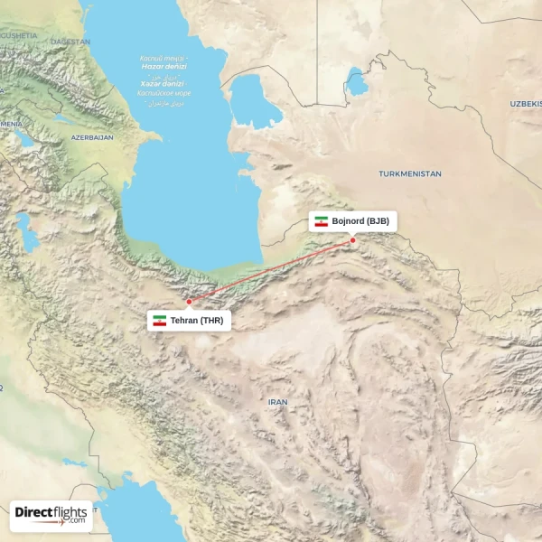 Bojnord - Tehran direct flight map