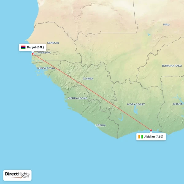 Banjul - Abidjan direct flight map