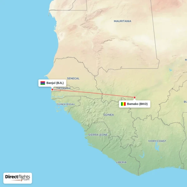 Banjul - Bamako direct flight map