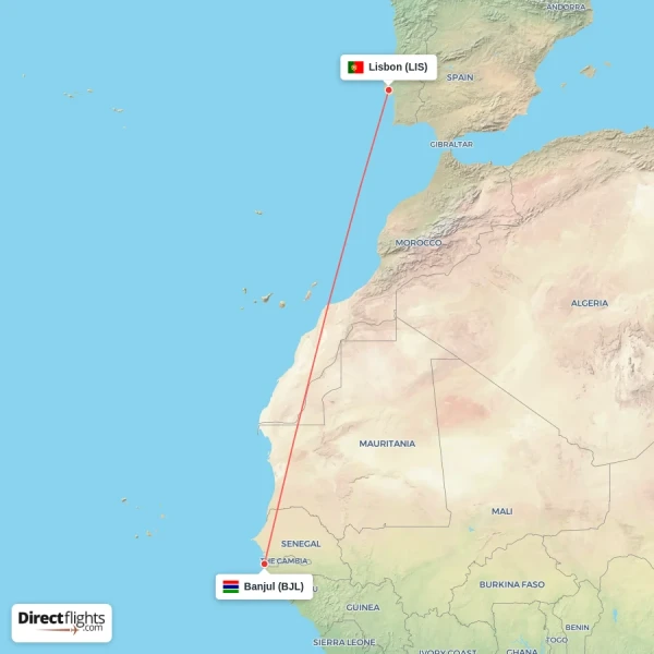 Banjul - Lisbon direct flight map