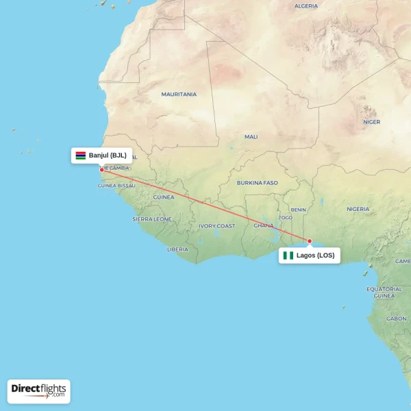 Banjul - Lagos direct flight map