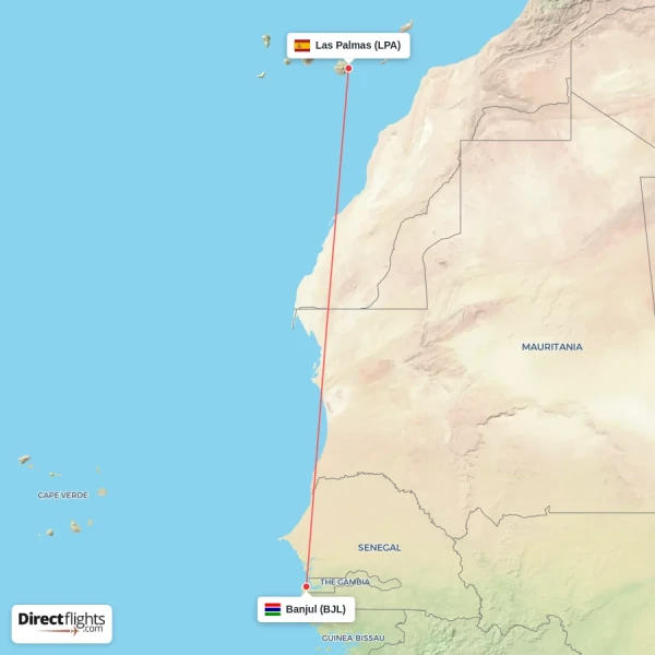 Banjul - Las Palmas direct flight map