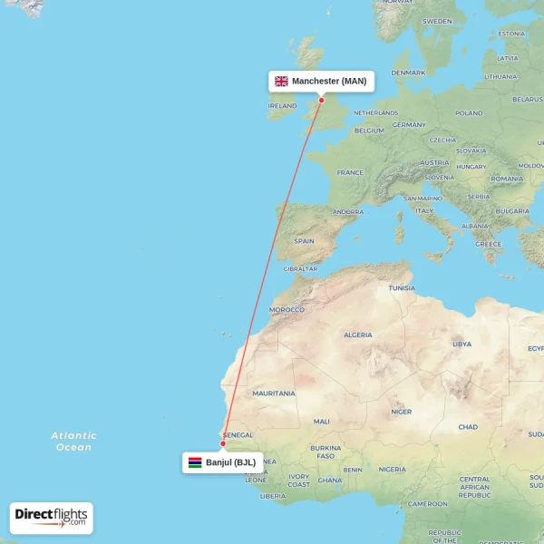 Banjul - Manchester direct flight map