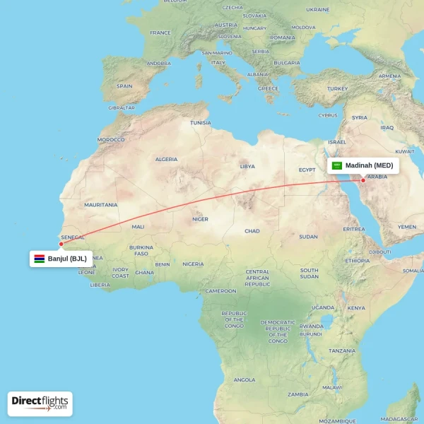 Banjul - Madinah direct flight map