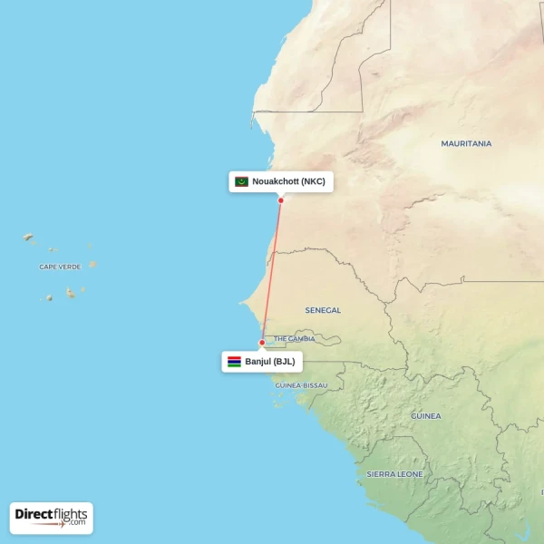 Banjul - Nouakchott direct flight map