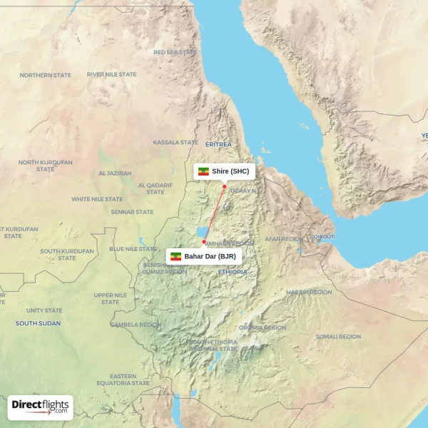 Bahar Dar - Shire direct flight map